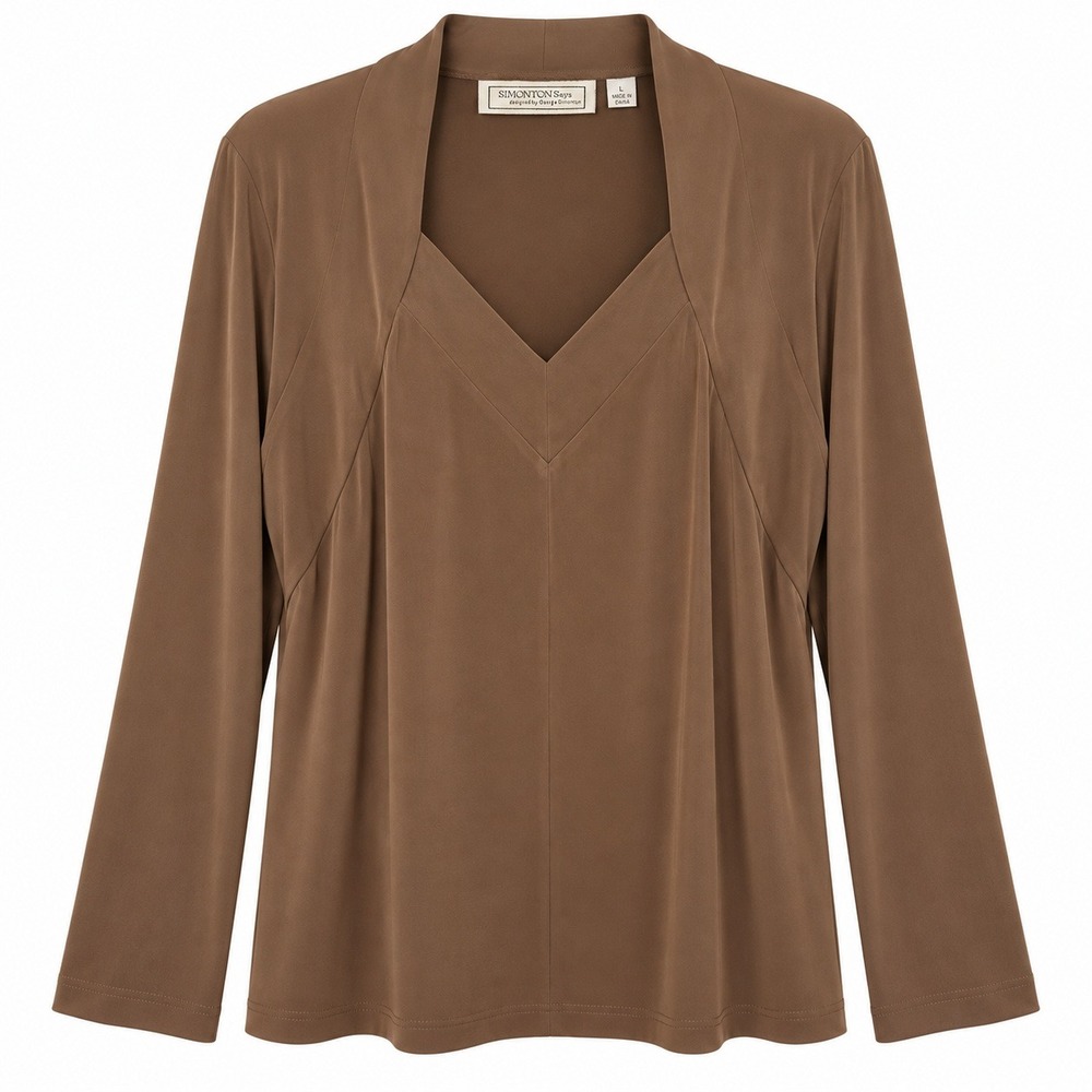 Simonton Says V-Neck Knit Top Womens Large Brown Good Layered Shawl Collar